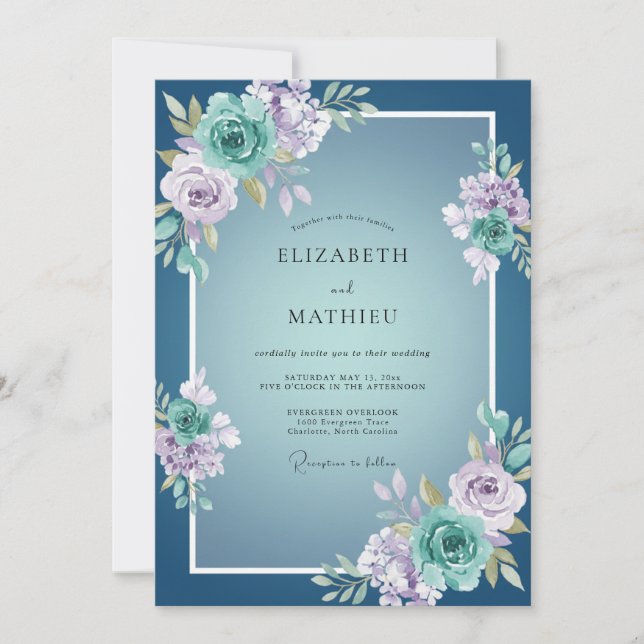 Convite Casamento Florido Azul Empoeirado (Frente)