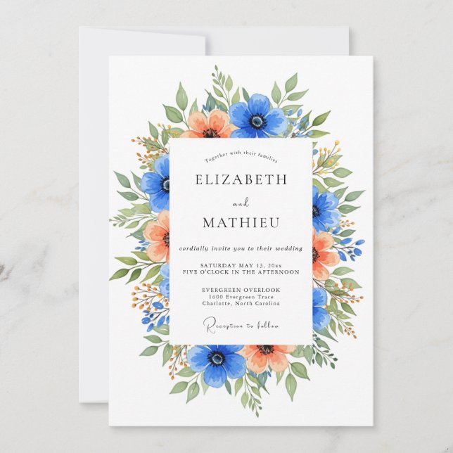 Convite Casamento Florido Azul Laranja Vibrante (Frente)