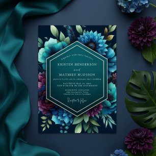 Convite Casamento Florido Azul Turquesa Sombrio