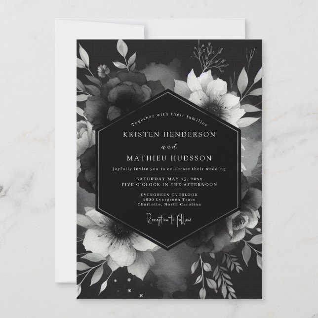 Convite Casamento Florido Charcoal Gothic (Frente)