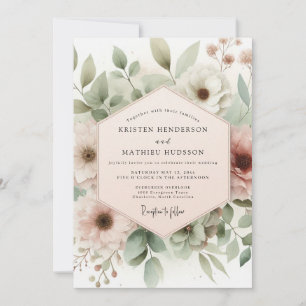 Convite Casamento Florido com Aquarela de Rosa Empoeirada