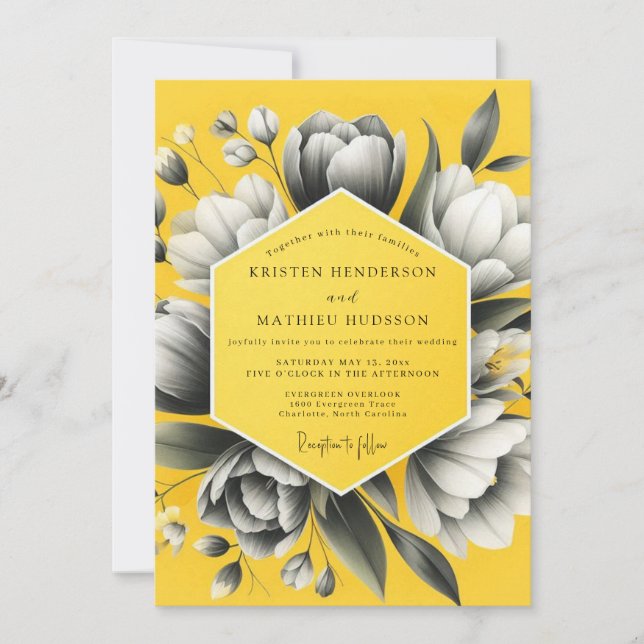 Convite Casamento Florido com Carvão Amarelo (Frente)