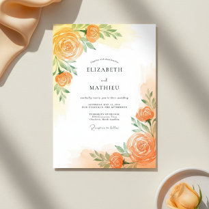 Convite Casamento Florido com Pincelada Laranja