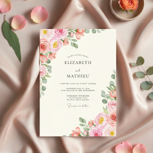 Convite Casamento Florido com Rosa Água-Rosa em Aquarela