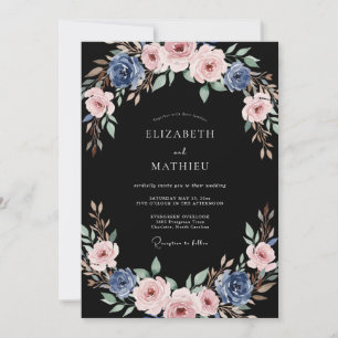 Convite Casamento Florido com Rosa Azul Empoeirada