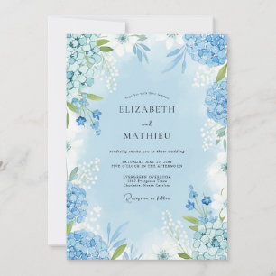 Convite Casamento Florido de Aquarela Azul Céu