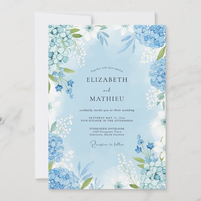 Convite Casamento Florido de Aquarela Azul Céu (Frente)