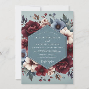 Convite Casamento Florido de Borgonha Azul Ardósia