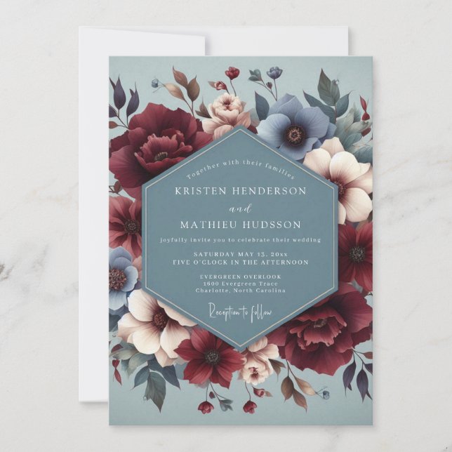 Convite Casamento Florido de Borgonha Azul Ardósia (Frente)