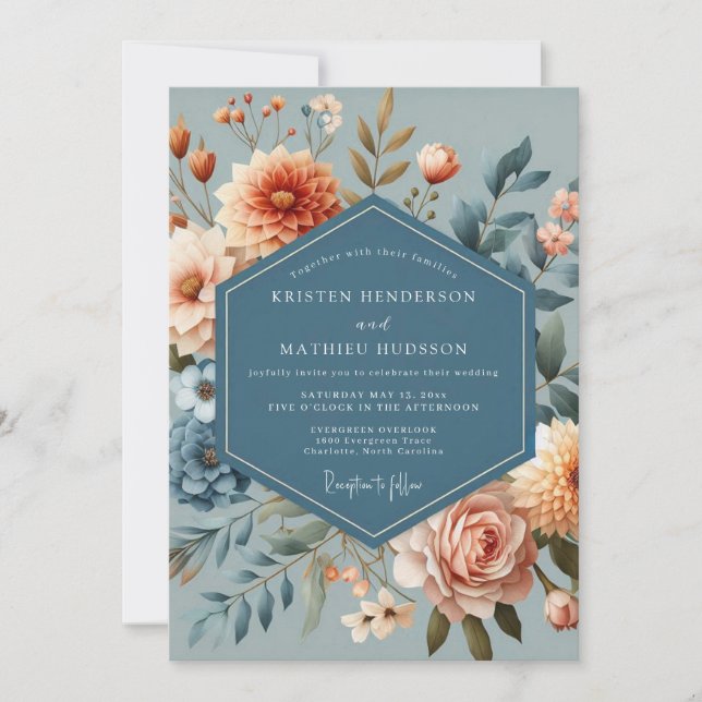 Convite Casamento Florido de Coral Azul Ardósia (Frente)