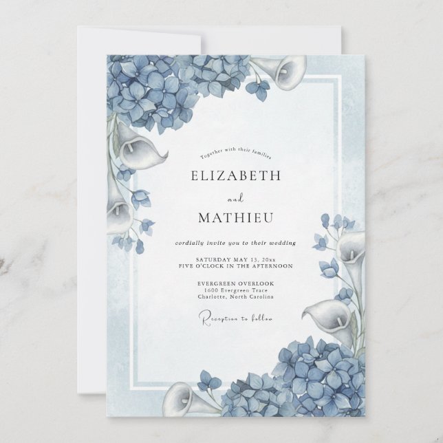 Convite Casamento Florido de Hortênsia Azul Desbotada (Frente)