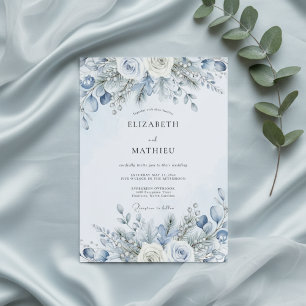 Convite Casamento Florido de Inverno em Azul Desbotado