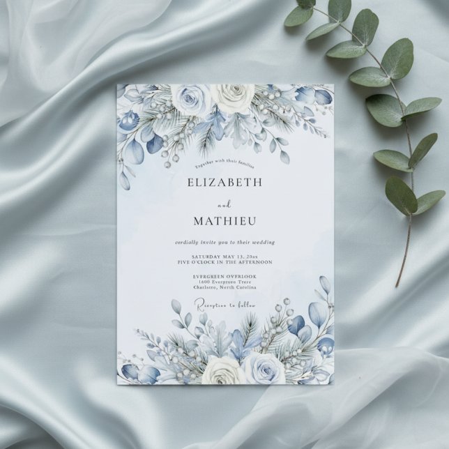 Convite Casamento Florido de Inverno em Azul Desbotado (Criador carregado)