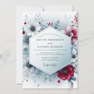 Convite Casamento Florido de Inverno em Borgonha Profundo