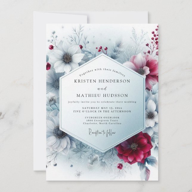 Convite Casamento Florido de Inverno em Borgonha Profundo (Frente)