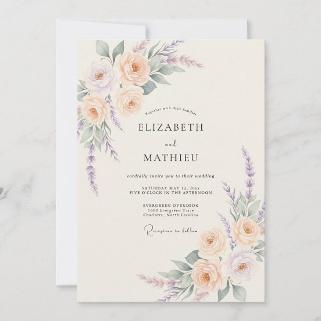 Convite Casamento Florido de Lavanda e Pêssego (Frente)