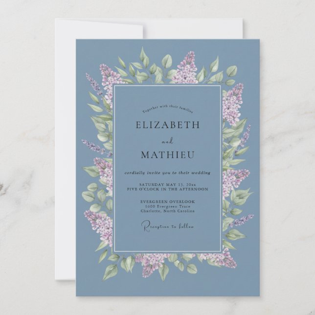 Convite Casamento Florido de Lilás Azul Empoeirado (Frente)