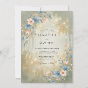 Convite Casamento Florido de Madeira Azul Empoeirado