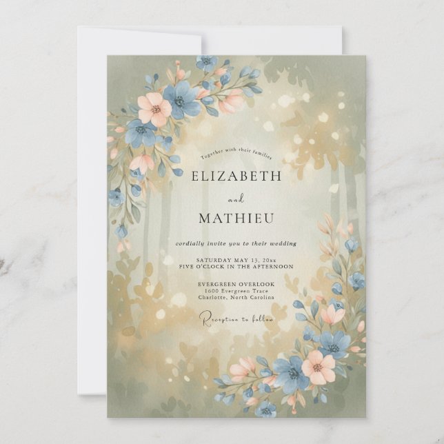 Convite Casamento Florido de Madeira Azul Empoeirado (Frente)