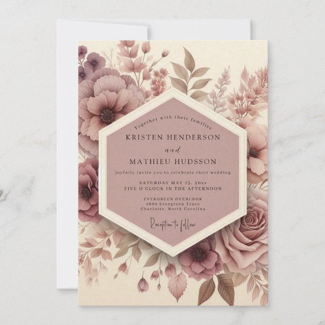 Convite Casamento Florido de Mauve Florestal (Frente)