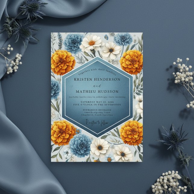 Convite Casamento Florido de Outono Azul Empoeirado (Criador carregado)