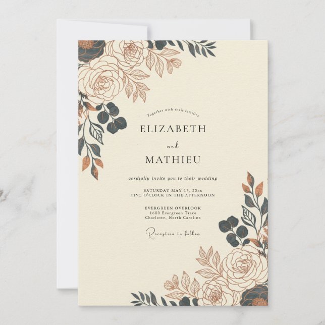 Convite Casamento Florido de Outono Ocre (Frente)