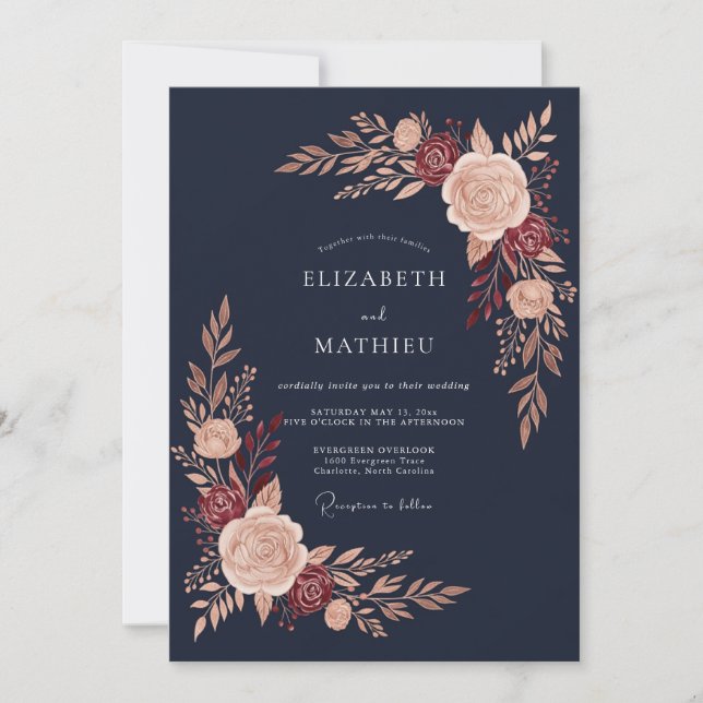 Convite Casamento Florido de Outono Rosa Navy (Frente)