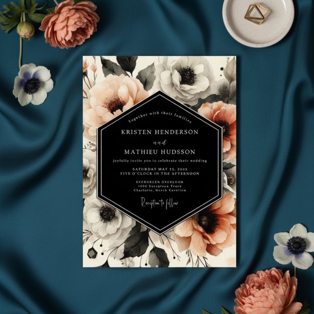 Convite Casamento Florido de Pêssego Sombrio (Criador carregado)