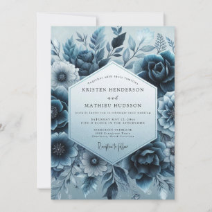 Convite Casamento Florido de Veludo Azul Xisto