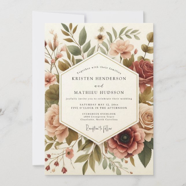 Convite Casamento Florido de Vinho Tinto Vintage (Frente)