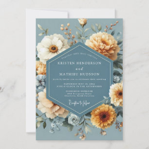 Convite Casamento Florido Dourado Azul Ardósia