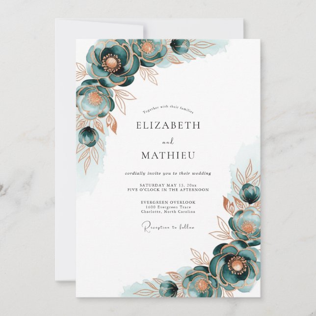 Convite Casamento Florido Dourado Turquesa (Frente)