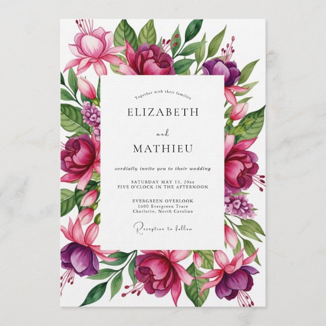 Convite Casamento Florido e Exuberante Magenta (Frente)