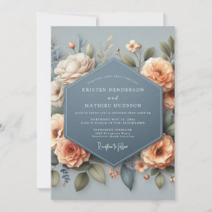Convite Casamento Florido Elegante Azul Ardósia