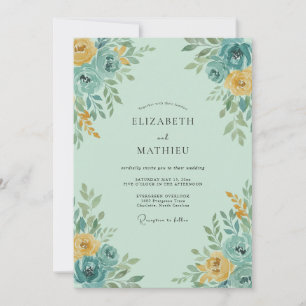 Convite Casamento Florido em Tons de Azul-Verde e Amarelo