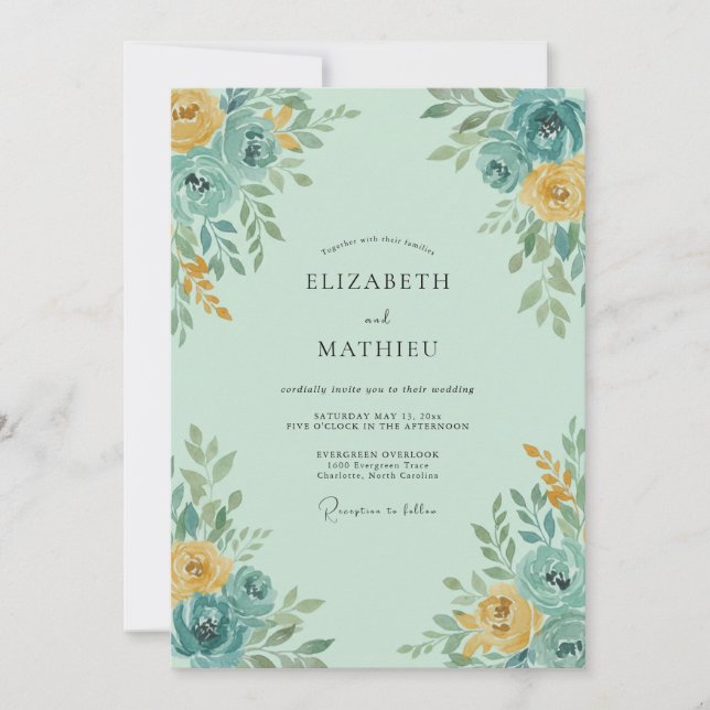 Convite Casamento Florido em Tons de Azul-Verde e Amarelo (Frente)