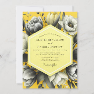 Convite Casamento Florido em Tons de Cinza Amarelo
