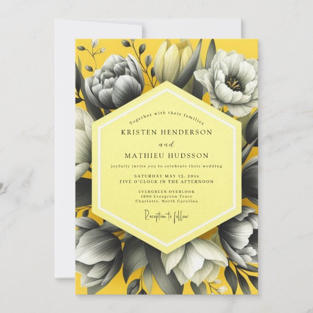 Convite Casamento Florido em Tons de Cinza Amarelo (Frente)