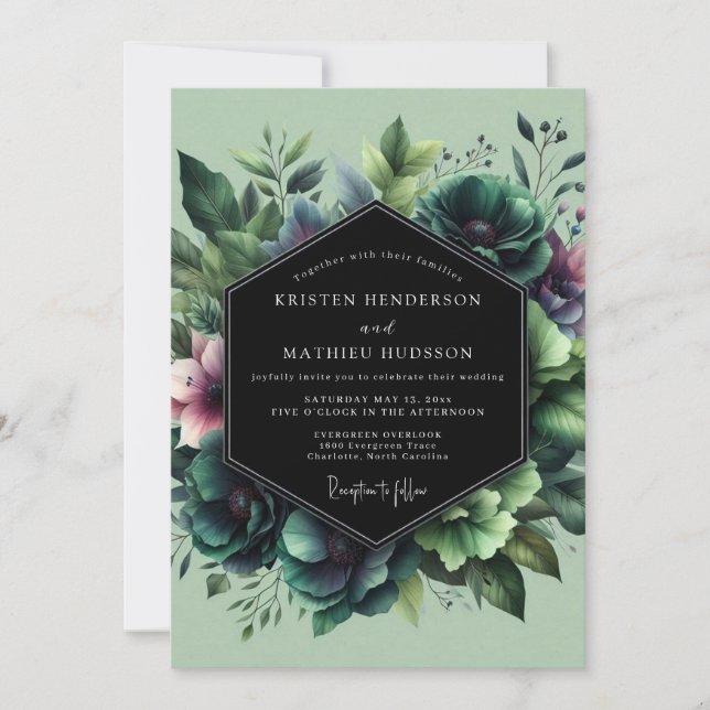 Convite Casamento Florido Esmeralda Moody (Frente)