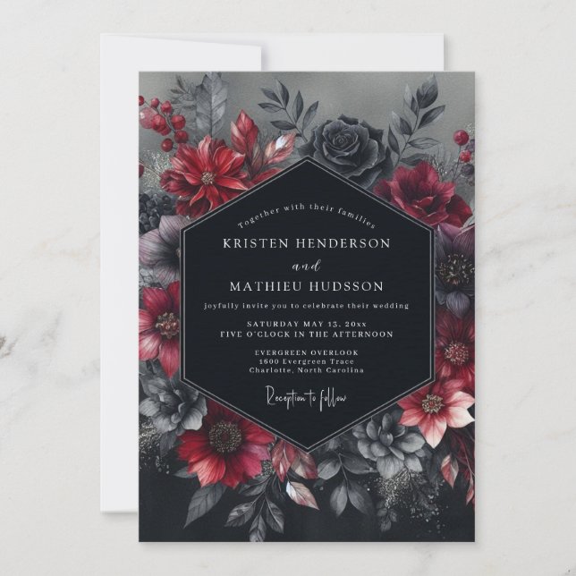 Convite Casamento Florido Gótico Borgonha (Frente)