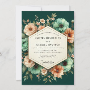 Convite Casamento Florido Luminoso Esmeralda e Pêssego