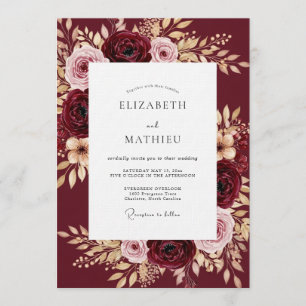 Convite Casamento Florido Luxuoso Borgonha