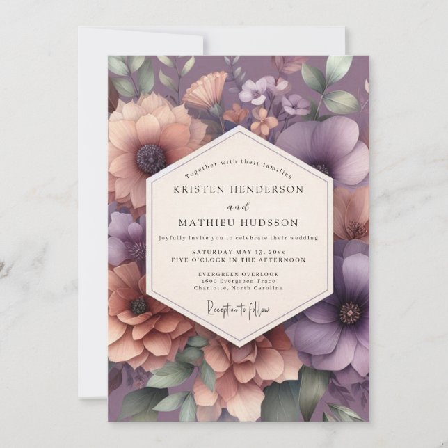 Convite Casamento Florido Malva Sombrio (Frente)