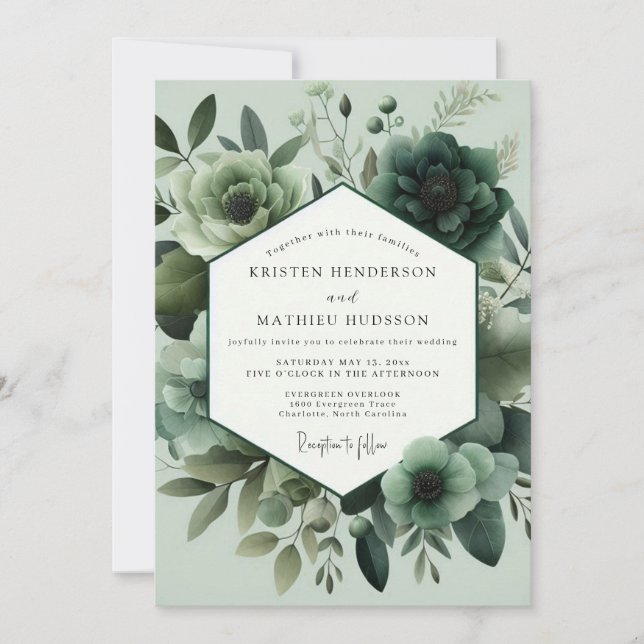 Convite Casamento Florido Monocromático em Verde Sage (Frente)