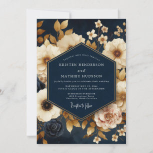 Convite Casamento Florido Navy Dourado Pintura
