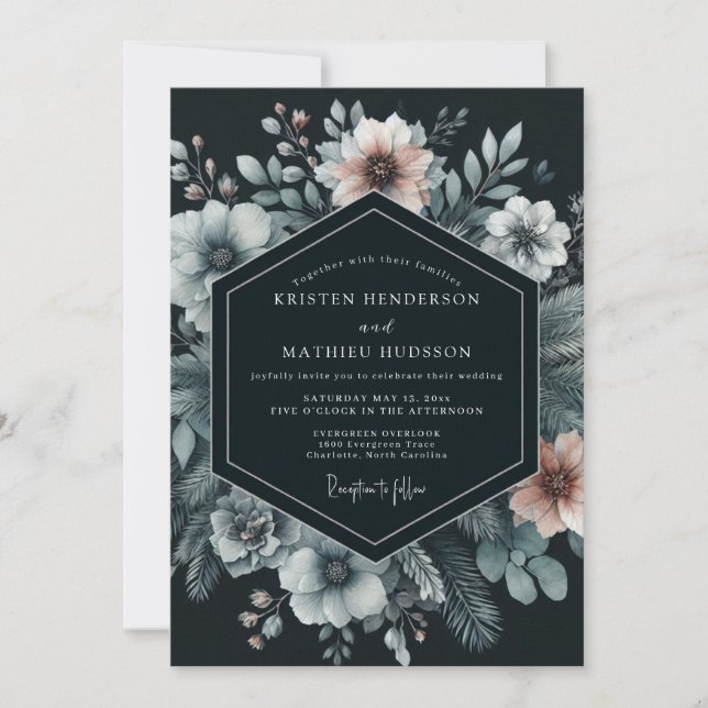 Convite Casamento Florido Navy Moody Bloom (Frente)