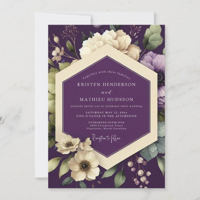 Convite Casamento Florido Opulento Ameixa (Frente)