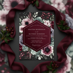 Convite Casamento Florido Opulento Borgonha