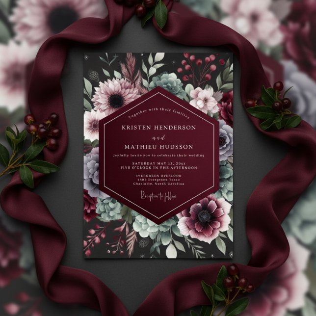 Convite Casamento Florido Opulento Borgonha (Criador carregado)