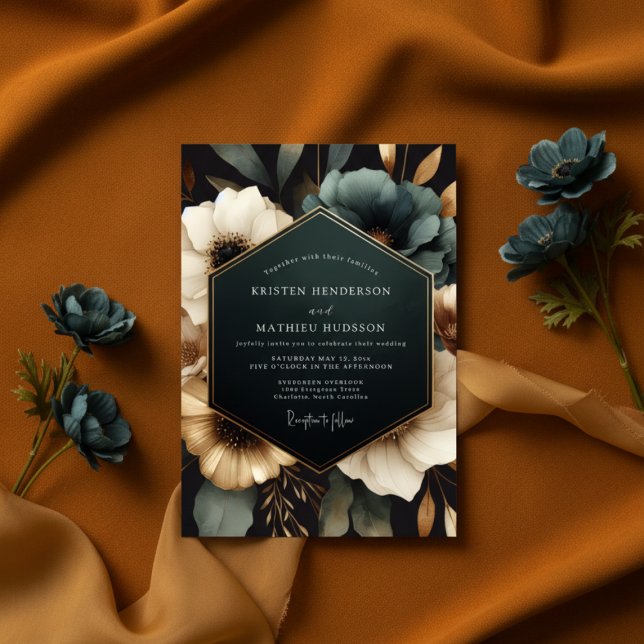 Convite Casamento Florido Opulento Turquesa (Criador carregado)